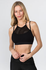 High Neck Mesh Overlay Sports Bra - Golden Star Yoga