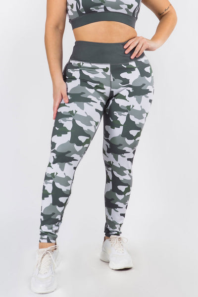 Contrast Waistband Camo Print Leggings - Golden Star Yoga